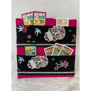 Bingo pull tab tip jar ticket holder caddy skull candy design magenta background